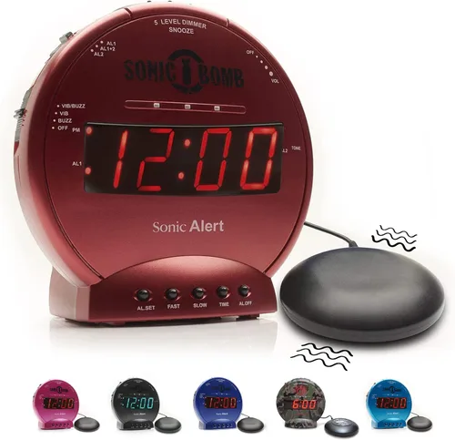 Miniatura 9 de Sonic Bomb - Reloj despertador doble extra fuerte con vibrador de cama, negro Sonic Alert vibrante, para personas de sueño pesado, batería