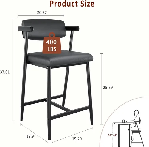 Miniatura 2 de IDEALHOUSE Juego de 2 taburetes de bar de altura de mostrador con brazos, taburetes de bar tapizados de 26 pulgadas con respaldo, asiento más ancho