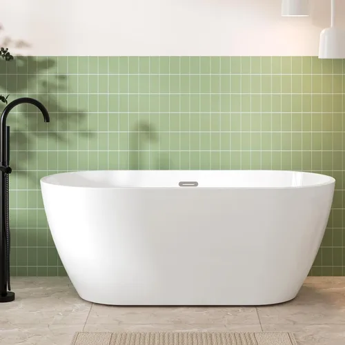 Miniatura 39 de FerdY 59" Bañera de acrílico independiente Bali Elite, bañera independiente de inmersión con forma elegante, certificada cUPC, desagüe negro Toe-Tap