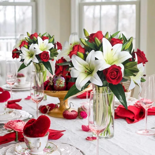 Miniatura 2 de HUAESIN Arreglos florales de seda, flores de lirio, ramo de rosas rojas artificiales de terciopelo para centros de mesa, mesas, decoración