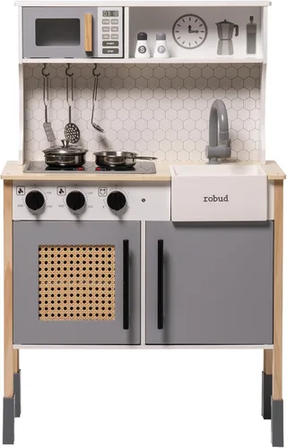ROBUD Cocina de Juego para Niños, Juego de Cocina de Madera con Sonidos y Luces, Juego de Cocina Moderna Vintage de Simulación para Niños Pequeños,