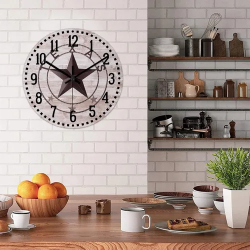 Miniatura 4 de Reloj de pared clásico de estilo rústico con estrella de Texas occidental, reloj analógico de madera silencioso sin tictac, funciona