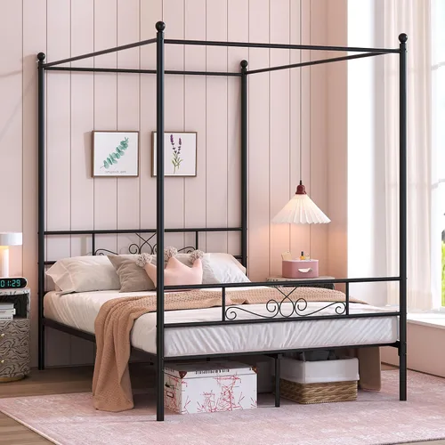 Miniatura 8 de Weehom Marco de cama con dosel, tamaño matrimonial, marco de cama con cabecera y estribo, base de colchón de 4 pósters, no necesita somier