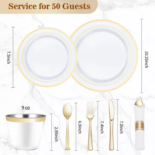Miniatura 4 de BESTVIP Juego de vajilla de plástico dorado de 350 piezas, platos de fiesta desechables para 50 invitados, incluye: 100 platos de plástico, 50