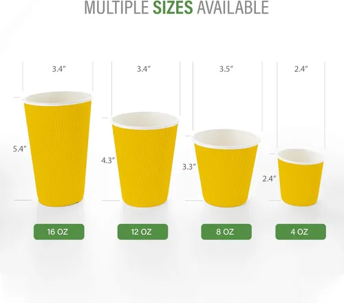 Miniatura 3 de Restaurantware 16 onzas Tazas de papel desechables con pared ondulada, 500 vasos de papel amarillo aislados con diseño de borde enrollado, tapas