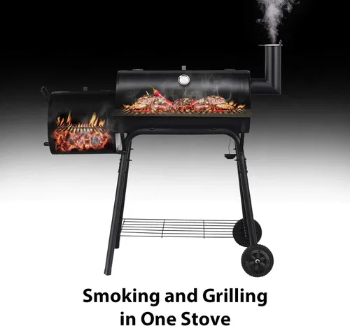 Miniatura 6 de Giantex Parrilla de carbón para barbacoa con ahumador desplazado, termómetro y amortiguador ajustable, ahumador para cocinar carne, ahumador
