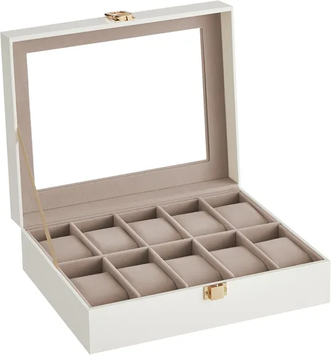 Miniatura 8 de SONGMICS Caja de reloj, regalos de Navidad, caja de reloj de 10 ranuras con tapa de vidrio grande, almohadas de reloj extraíbles, organizador