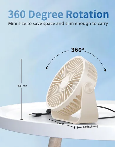Miniatura 5 de TriPole Ventilador de escritorio USB portátil, potente ventilador de escritorio personal de 3 velocidades con rotación de cabeza de 360°