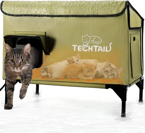 Gran casa para gatos al aire libre con calefacción para invierno, refugio para gatos aislado resistente a la intemperie con techo inclinado, puerta