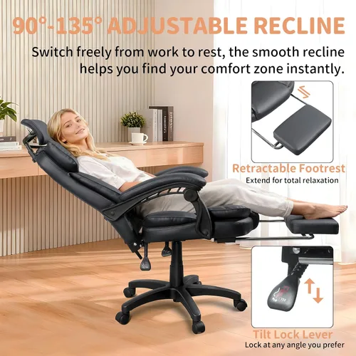 Miniatura 4 de Silla de oficina grande y alta, cómoda silla ergonómica de cuero para computadora con reposacabezas, respaldo alto, silla ejecutiva reclinable