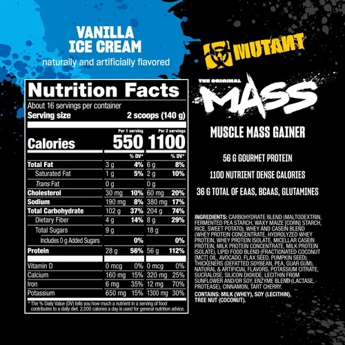 Miniatura 6 de Mutant Mass Polvo de proteína para ganar masa de peso, proteína en polvo alta en calorías para masa muscular, helado de vainilla, 5 libras