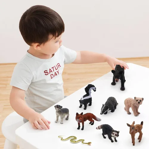Miniatura 4 de SIENON 18 piezas de figuras de animales del bosque, miniaturas de animales del bosque para bebés con búho, erizo, zorro, ardilla, oso, mono, ciervo