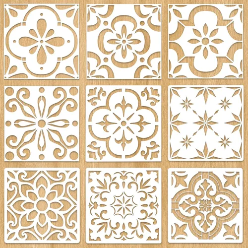 9 plantillas grandes de azulejos de piso de 12 x 12 pulgadas, plantillas de pared reutilizables para pintar en pisos, azulejos, patio de hormigón,
