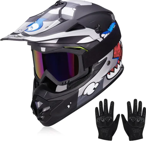 Miniatura 9 de cascos para niños y jóvenes de bicicleta todoterreno, motocross, ATV, BMX, MX, bicicleta todoterreno, casco de motocicleta J-01 con gafas y guantes