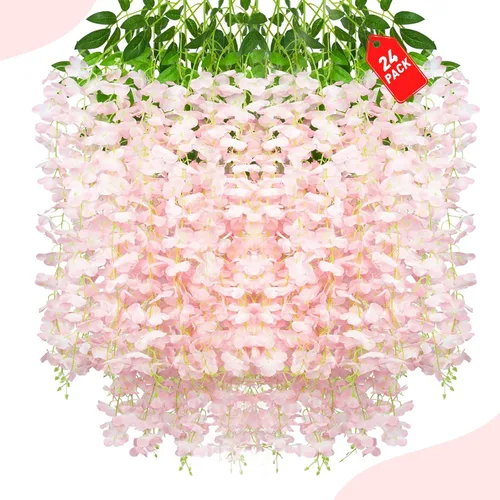 Miniatura 31 de Paquete de 12 flores colgantes de glicina rosa, flores colgantes falsas de 3.44 pies, guirnalda de glicina artificial para decoración de boda, telón