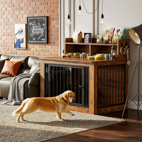 Miniatura 8 de IRONCK Mueble de jaula extragrande para perros, jaula de madera de 43.3 pulgadas con almacenamiento y 4 ganchos, jaula resistente para perros Marrón