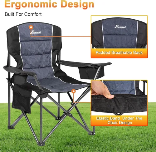 Miniatura 8 de Romswi Sillas de Camping de Gran Tamaño, Soporte Resistente de 227 KG, Sillas Deportivas con Respaldo y Brazos Acolchados, Soporte para Tazas y Negro