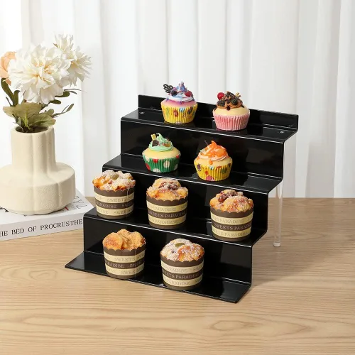 Miniatura 5 de Soportes acrílicos para exhibición, 4 niveles negros para cupcakes, perfumes, colonia, Funko, Pop, soporte de exhibición, estante para decoración