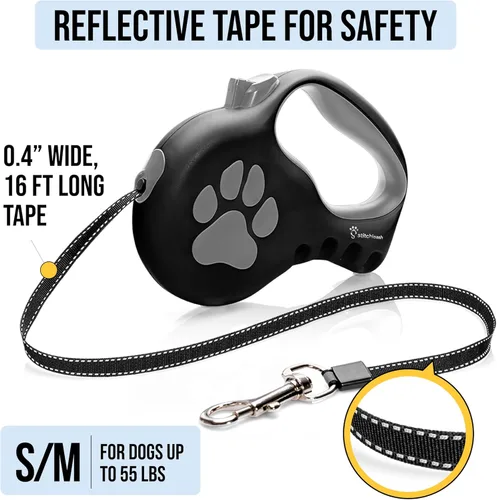 Miniatura 2 de Correa retráctil para perros pequeños y medianos (hasta 55 libras) - Personalizable, patentado, diseño reflectante, mango ergonómico, incluye Negro