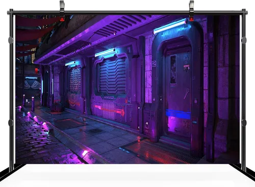 Miniatura 3 de Telón de fondo de ciudad Cyberpunk de 5 x 3 pies, estilo futurista, estilo grunge, urbano, neón, puerta de calle, paisaje urbano, fondo