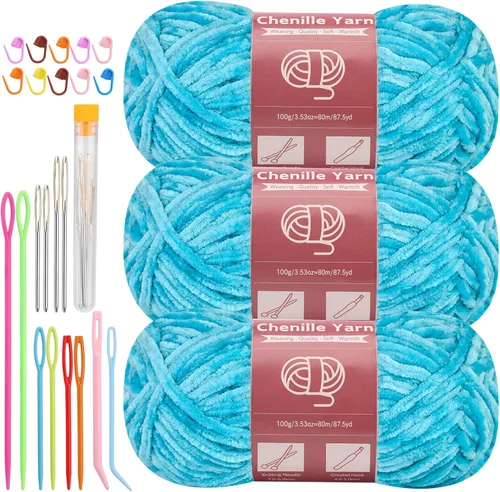 LUNARM Hila de chenilla para crochet y tejer, 3 madejas de 240 metros de hilo grueso suave y voluminoso para tejer mantas, ropa, creaciones de Azul