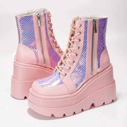 Miniatura 7 de Cape Robbin Botines de plataforma holográficos para mujeres, tacones gruesos en bloque, punta puntiaguda, cuero PU con correa de hebilla