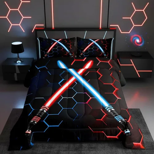 Juego de edredón geométrico de panal de abeja tamaño completo, juego de ropa de cama con sable de luz rojo neón y azul, 3 piezas para niños, niñas,