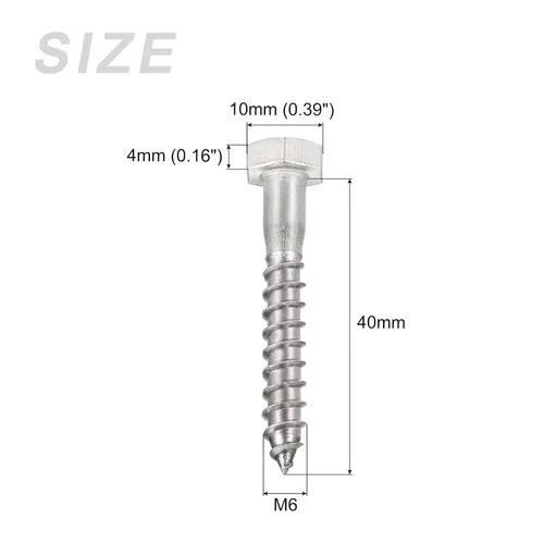 Miniatura 2 de METALLIXITY Tornillos hexagonales (M6 x 1.575 in), 10 unidades, pernos de madera autorroscantes de acero inoxidable 304, para aplicaciones domésticas