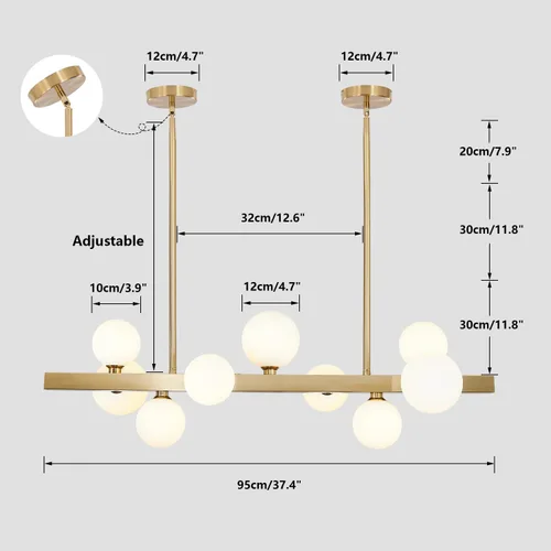 Miniatura 2 de BOKT Lámpara colgante recta de latón dorado con 6 luces, lámpara colgante de Sputnik lineal moderna de mediados de siglo, globo grande, isla