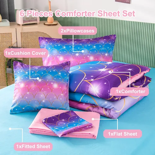 Miniatura 6 de PERFEMET Juego de edredón rosa de sirena para niñas, tamaño individual, 6 piezas, ropa de cama en una bolsa con sábanas con purpurina 3D arcoíris