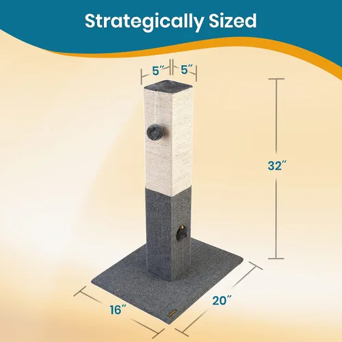 Miniatura 2 de Pawbee Poste rascador para gatos de 32 pulgadas con cascabel y softball, torre de cuerda de sisal para adultos de interior, gatos grandes, gris