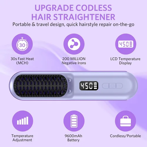 Miniatura 3 de Cepillo alisador de pelo inalámbrico, mini cepillo portátil con calefacción para mujeres, 9600 mAh USB-C recargable, alisador ligero antiquemaduras