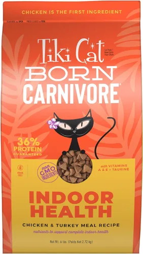 Tiki Cat Born Carnivore Indoor Health Alimento seco para gatos, harina de pollo y pavo, bolsa de 6 libras