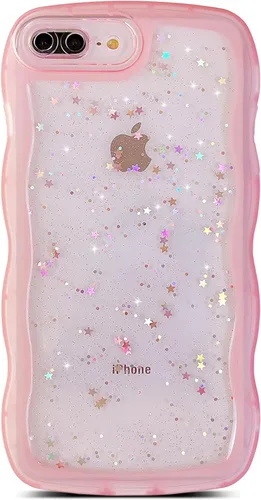 Miniatura 118 de Qokey Funda para iPhone 12 Pro Max de 6.7 pulgadas, diseño de onda rizada, borde transparente, brillante con purpurina, estrella brillante, bonita