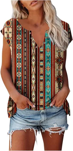 Ceboyel Camisetas de estilo étnico azteca para mujer, blusas aztecas, tops de manga corta, camisas occidentales, túnica vintage casual
