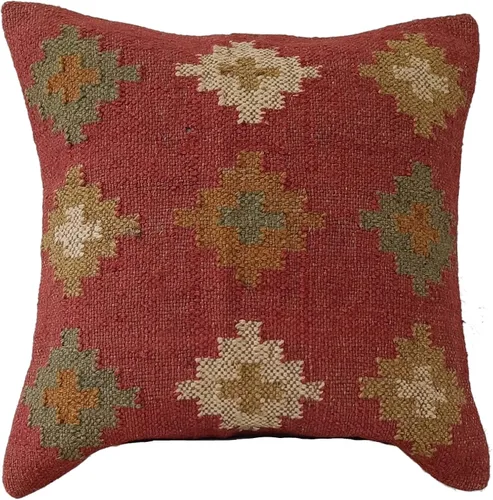 Trade Star Funda de almohada 70% yute y 30% lana kilim, auténtica, funda de almohada bohemia hecha a mano, vintage, funda de cojín cuadrada étnica