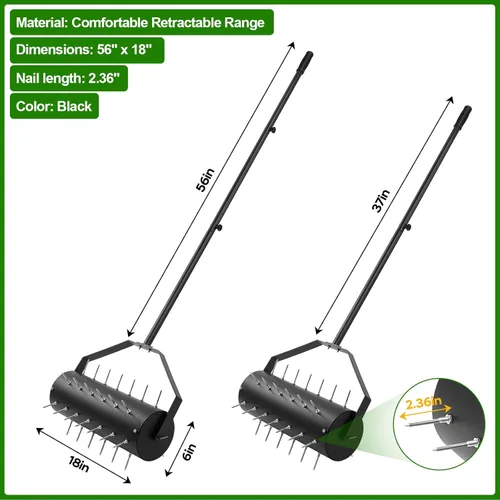 Miniatura 2 de Aireador de césped con ruedas de 18 pulgadas, mango de 50 a 70 pulgadas, aireador de picos resistente con bolsa de arena, 40 picos de hierro que