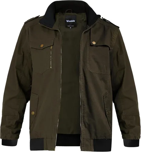 Miniatura 7 de Wantdo Chaqueta militar para hombre, chaqueta bomber casual, cuello alto, chaqueta de lona cortavientos