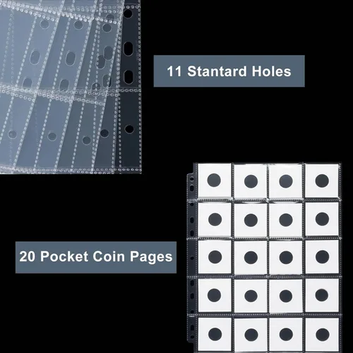 Miniatura 3 de Páginas para monedas de 50 unidades con 20 bolsillos – Páginas de bolsillo para monedas para portamonedas de cartón de 2 x 2 pulgadas, 11 agujeros