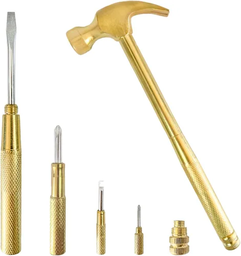 Miniatura 7 de Juego de mini martillo y destornillador multiherramienta 6 en 1 rojo - Herramientas de mano para acampar con cabeza de martillo de metal