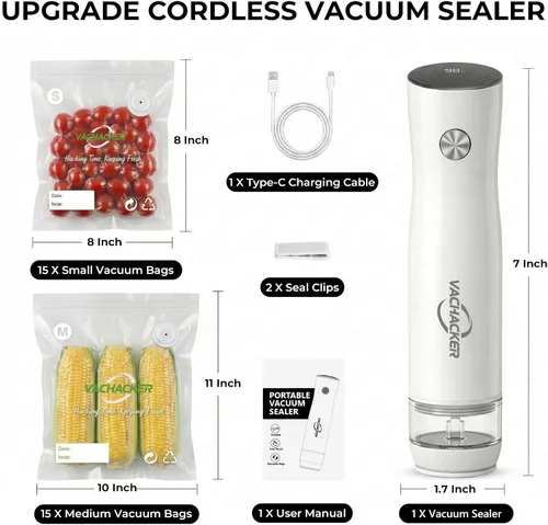 Miniatura 8 de Sellador al vacío de mano para alimentos, máquina selladora al vacío compacta con 30 bolsas de vacío reutilizables, ahorrador de alimentos portátil