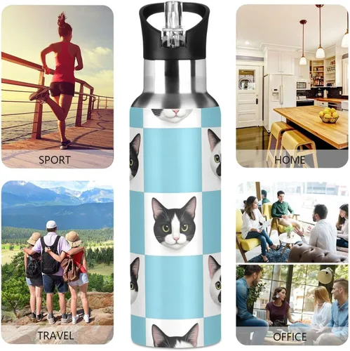 Miniatura 5 de Stainless Steel Vacuum Insulated Water Bottle 20 Oz, Leakproof Water Bottles for Gym Outdoor Travel School, Black White Cat Checkerboard