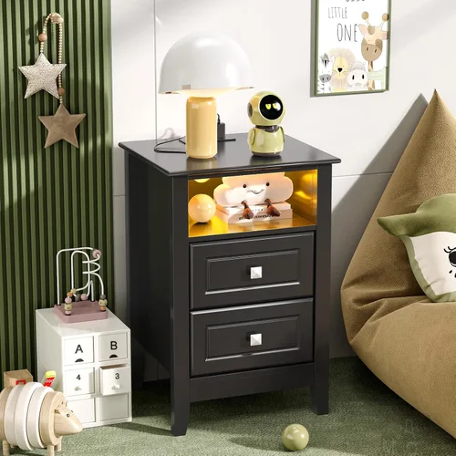 Miniatura 7 de Bonnlo Mesita de noche LED con estación de carga, mesita de noche negra con cajones, mesita de noche negra con estación de carga y luces LED, mesita