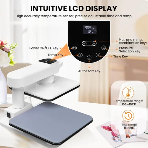 Miniatura 7 de Máquina giratoria de prensa de calor automática, prensa inteligente de camisetas de 15 x 15 pulgadas con liberación automática y presión automática