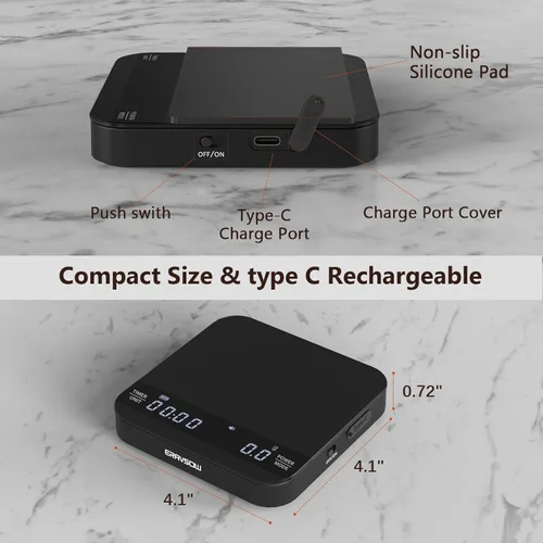 Miniatura 2 de Báscula de café con temporización automática, mini báscula recargable de espresso con temporizador, báscula de alta precisión de 2kg/0.1g
