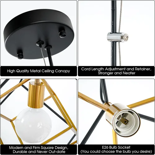 Miniatura 7 de Lámpara de araña geométrica moderna, lámpara colgante de metal con 1 luz, lámpara de techo colgante de latón negro, iluminación industrial de cubo
