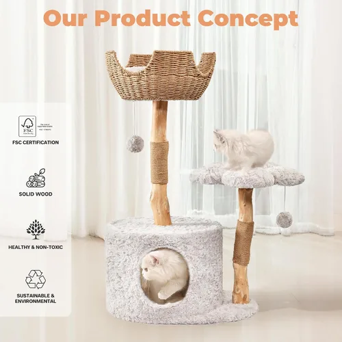 Miniatura 5 de Easyego Árbol de gato moderno, torre de árbol de gato de madera estética para gatos grandes, condominio de lujo para gatos con postes para rascar