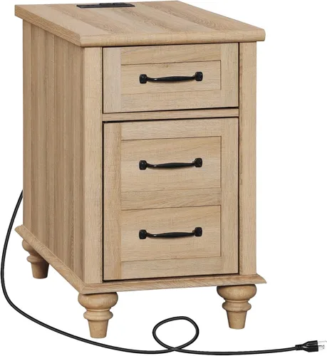 Miniatura 9 de WAMPAT Mesa auxiliar con estación de carga, mesa auxiliar de madera con cajón y armario de almacenamiento, mesa auxiliar moderna con tomas de Roble