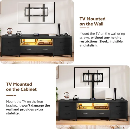 Miniatura 6 de Soporte de TV para TV de 80 pulgadas con soporte, centro de entretenimiento LED con cajones de tela y tomas de corriente, consola multimedia