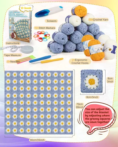 Miniatura 6 de Kit de Ganchillo Coopay para Principiantes para Manta, Kit de Ganchillo de Cuadrados de Abuela con Instrucciones y Suficiente Hilo, Juego Completo
